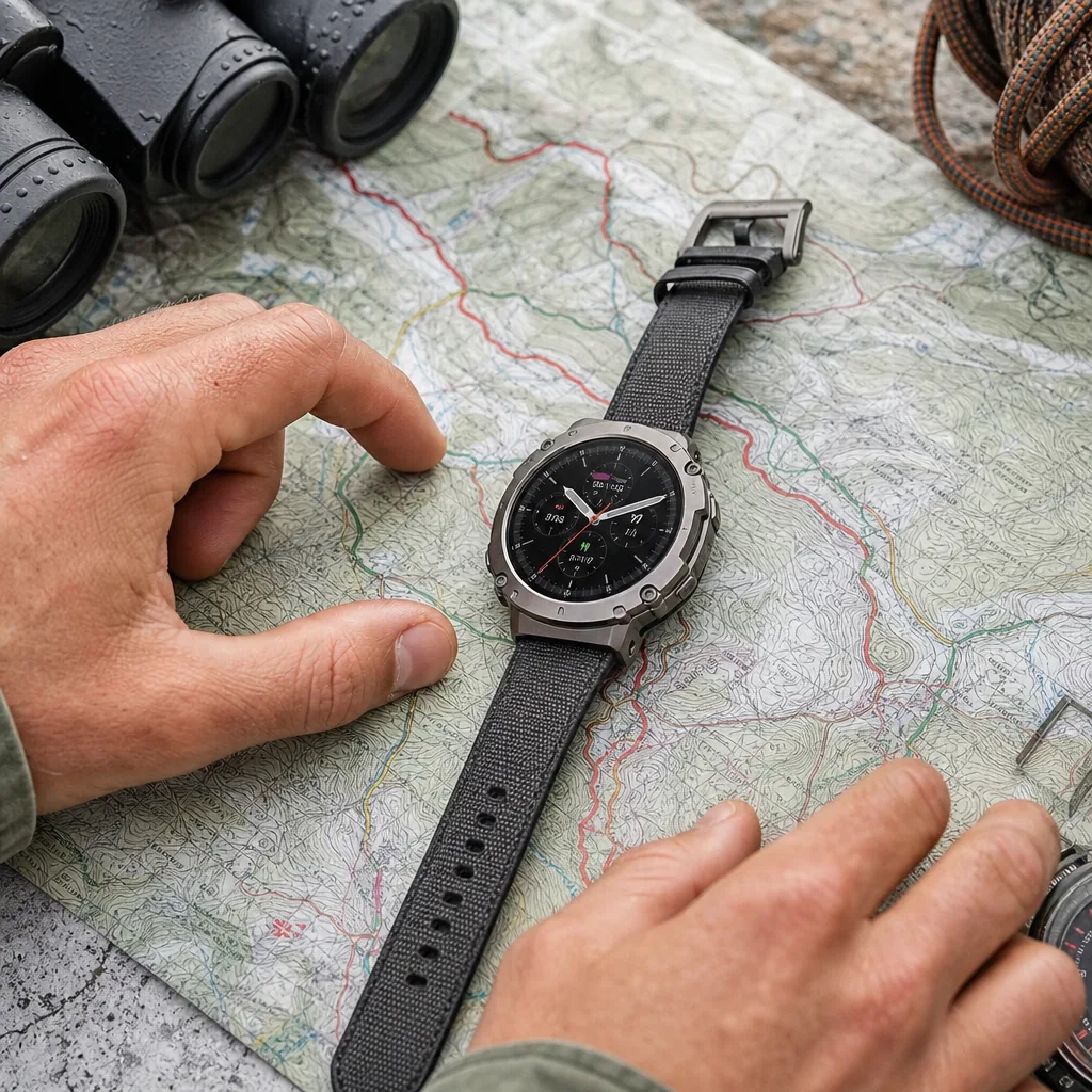 Premium titanium multisport smartwatch resting on dark granite beside a running shoe