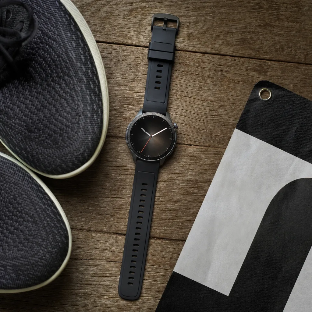 Sport smartwatch on a gym floor beside a rowing machine handle and kettlebells