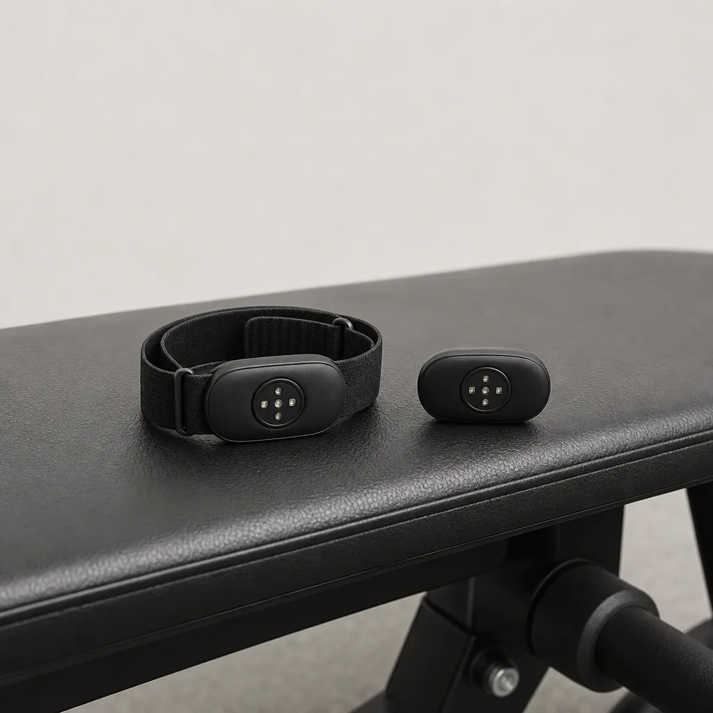 Arm-worn heart rate sensor and waist motion pod from a dual-piece fitness tracking system on a gym floor