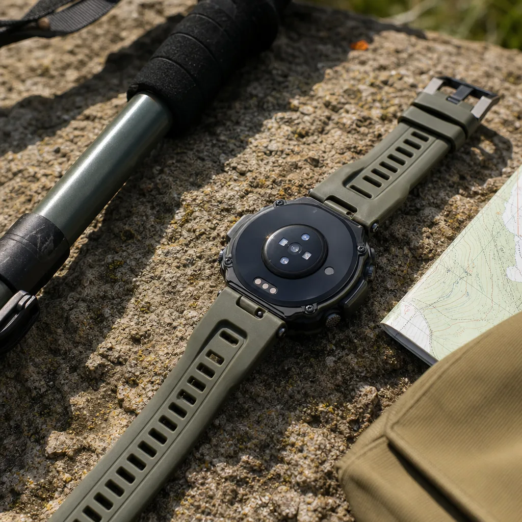 Rugged titanium smartwatch with black band on a granite rock in bright sunlight with mountains behind