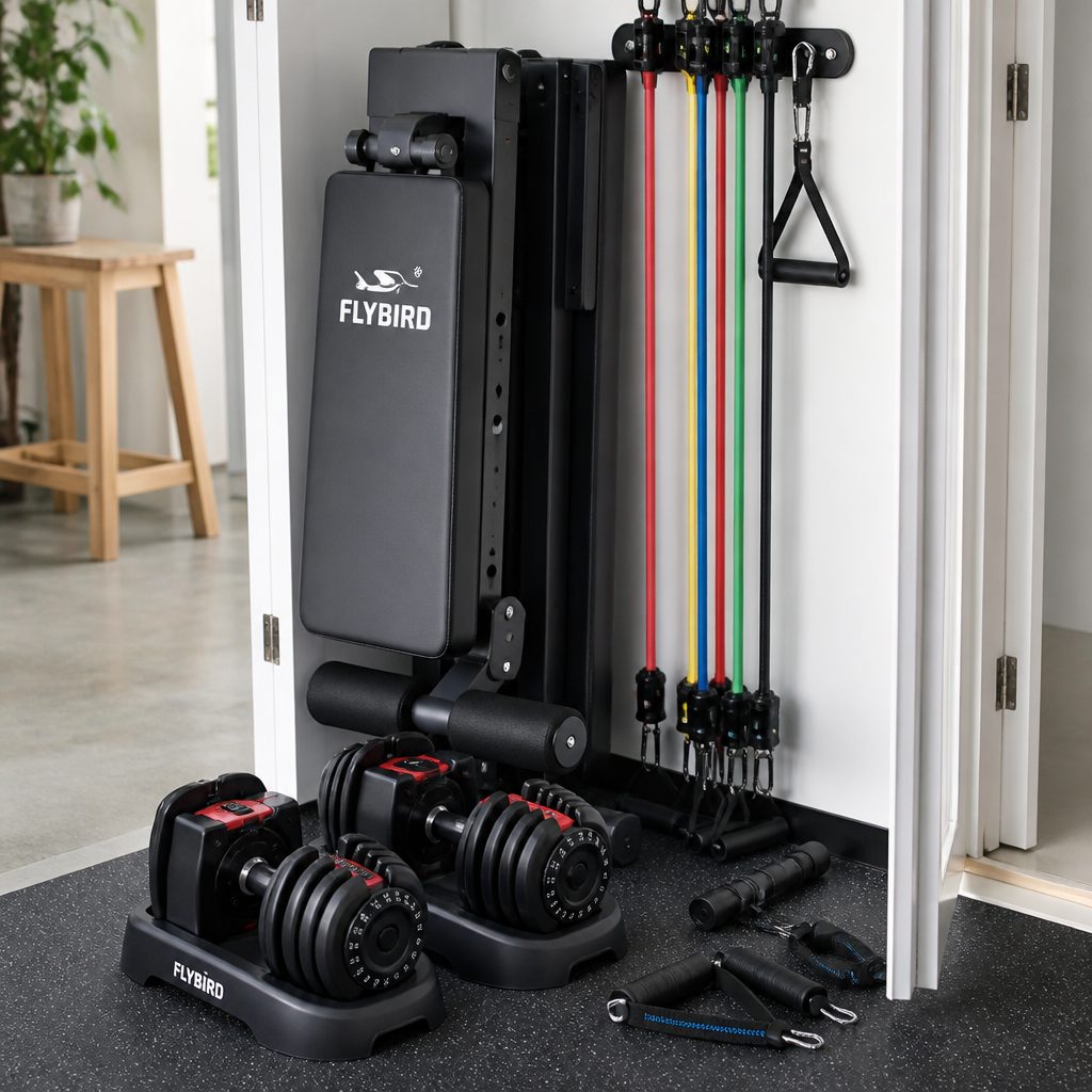 A folded bench, adjustable dumbbells and a compact resistance setup can cover a wide range of pressing, rowing, lower-body and accessory work without commandeering a whole room.