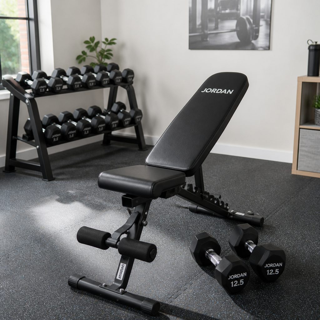 A ladder-adjustment folding bench makes it simple to move from flat dumbbell presses to incline work, provided you leave enough floor space around the bench for safe loading and unloading.