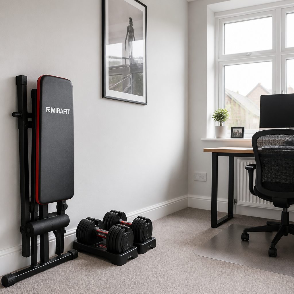 A foldable bench and adjustable dumbbells can be tucked to one side after training, leaving the room usable for its ordinary civilian duties.