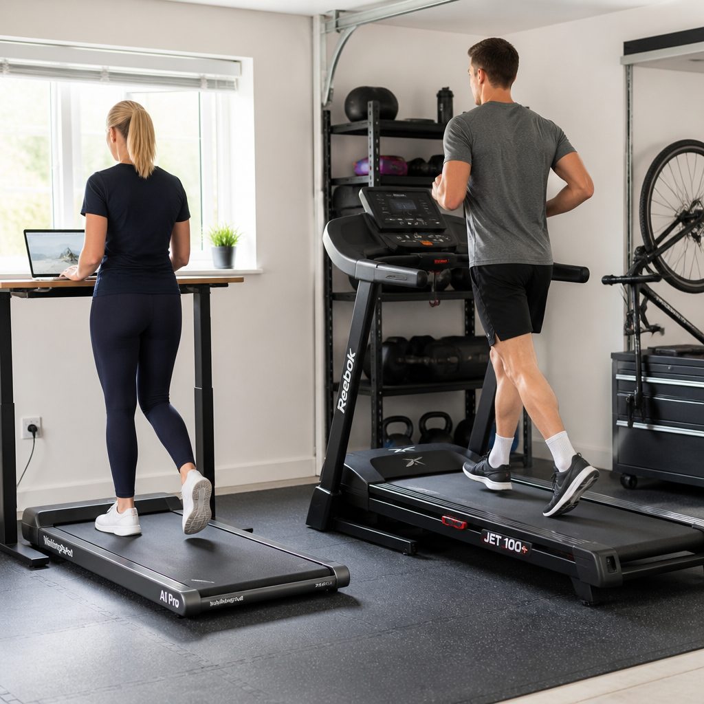 A low-profile treadpad suits walking breaks and under-desk use, while a conventional folding treadmill offers more support for running-focused sessions.
