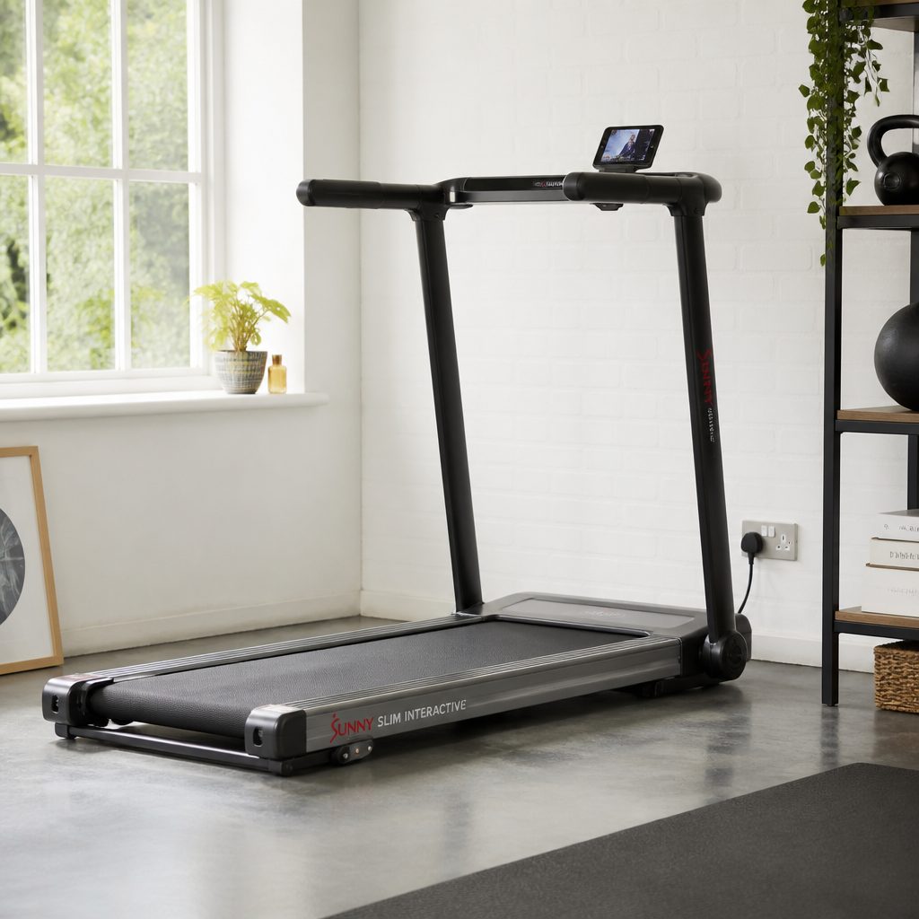 Sunny Health &amp; Fitness built its Slim Interactive model around a compact foldable frame, transport wheels and a brushless motor for walking through to faster running.