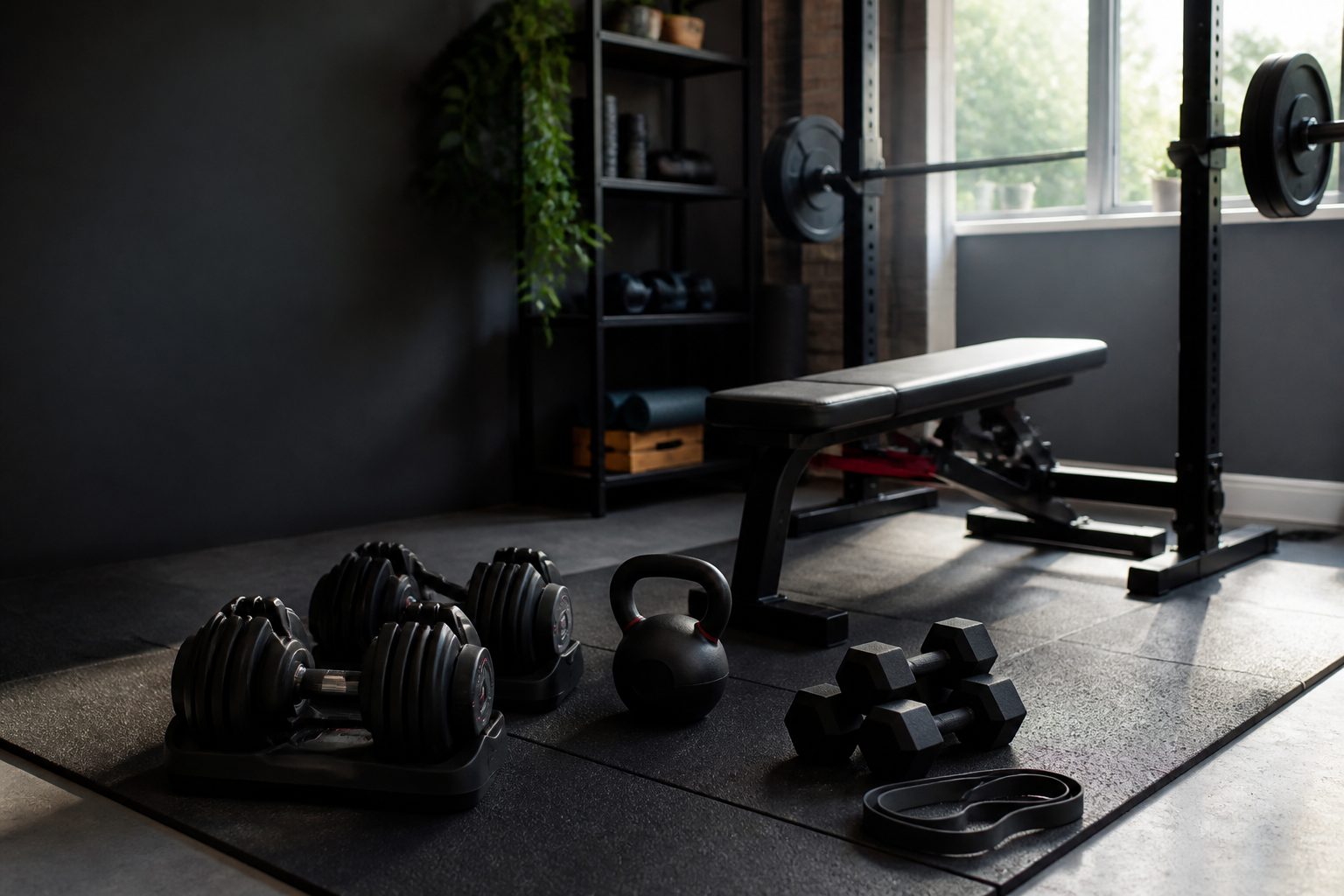 A sensible first home-gym corner needs very little floor space: adjustable resistance, somewhere stable to press, a little pulling work and enough cushioning to make floor sessions pleasant.