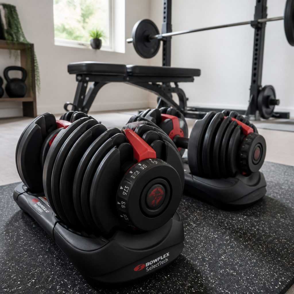 Adjustable dumbbells are the centre of the budget build because they cover squats, hinges, presses, rows, carries and isolation work without a separate machine for each.