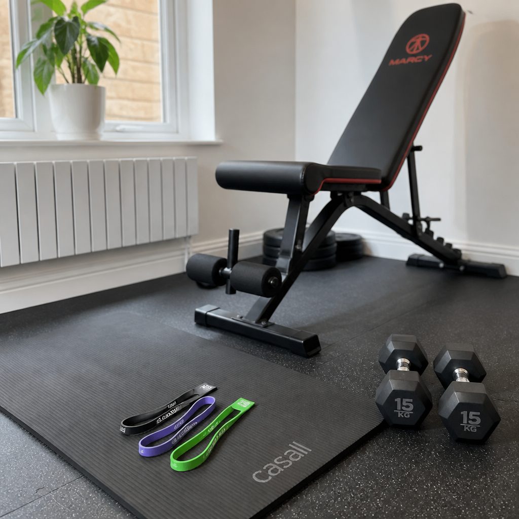 Bands and a thicker mat are humble additions, but they make warm-ups, core work, kneeling exercises and a shared living-space gym much more workable.