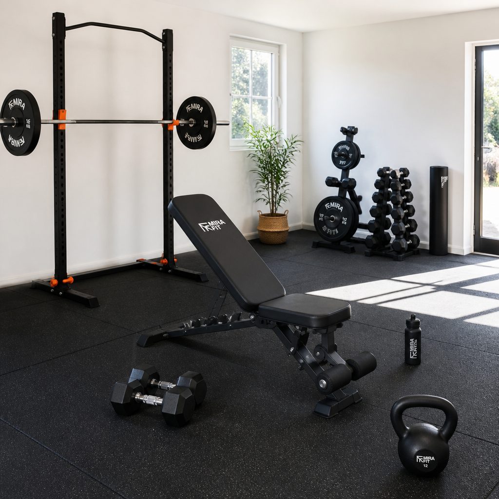 The best beginner layout leaves a clear working area around the bench, rather than placing every item against the wall and hoping lunges somehow happen diagonally.