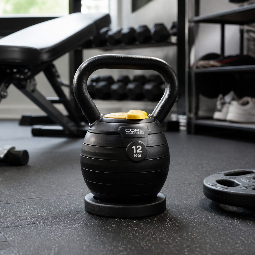 An adjustable competition-style bell saves space brilliantly when the session is planned around one load at a time.