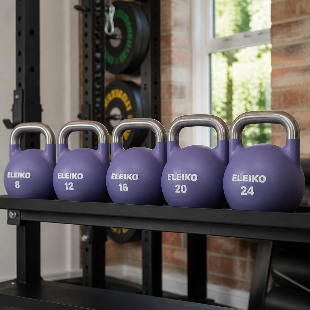 Competition kettlebells stay the same external size across different weights, helping the rack and overhead positions remain familiar.
