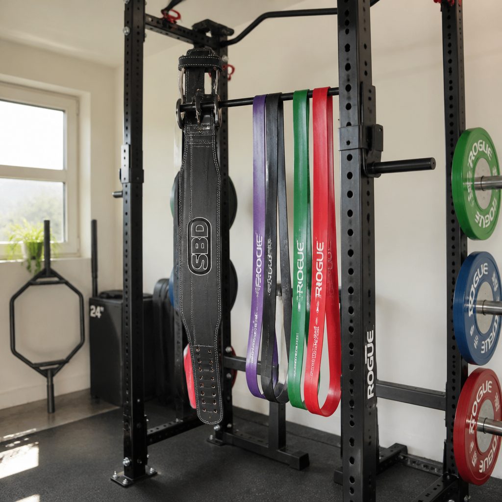 A convertible belt and resistance bands can turn a pull-up station or rack into a more flexible training area without swallowing the spare room.
