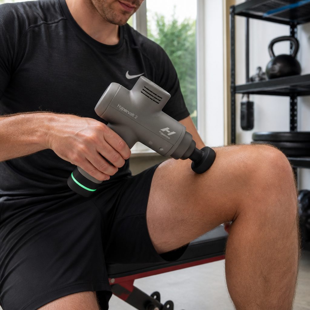 The Hyperice Hypervolt 2's pressure indicator is more useful than it sounds: it encourages measured pressure instead of turning every session into a contest with your own hamstring.