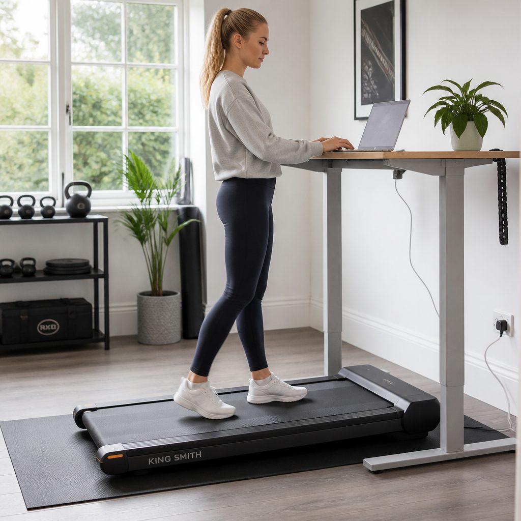 A practical setup includes enough desk height, cable slack, a stable work surface and floor protection—not just a treadmill pushed beneath a tabletop.