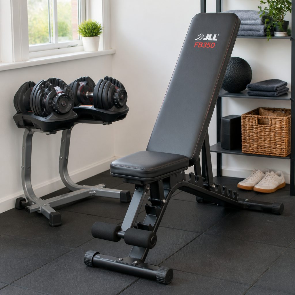 A compact bench pairs naturally with adjustable dumbbells, allowing a capable full-body setup to occupy far less permanent space than a conventional home gym.