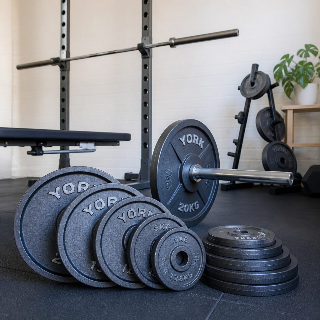 A compact cast-iron collection is an excellent fit for squats, bench press and controlled deadlifts, particularly where bar-sleeve space and storage matter more than dropping tolerance.