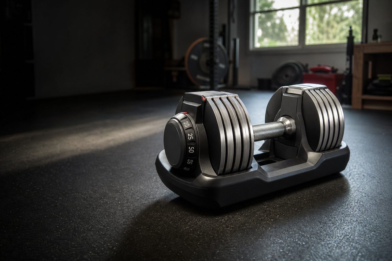 The BowFlex SelectTech 52 retained the familiar dial-adjustable idea, but its uniform exposed metal plates and revised hardware made it a notably more confidence-inspiring dumbbell than the older 552.