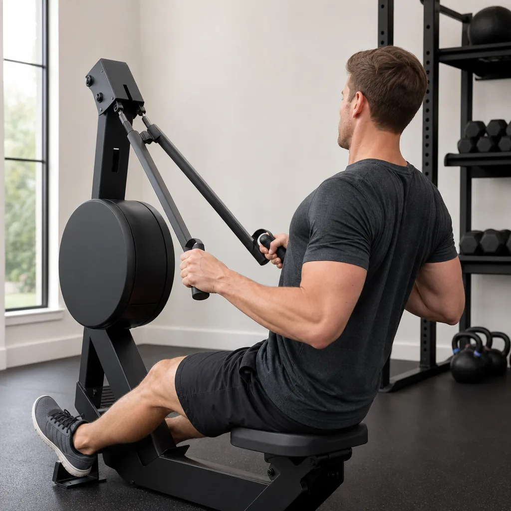Concept2 StrengthErg compact air-resistance strength training machine in a home gym setting