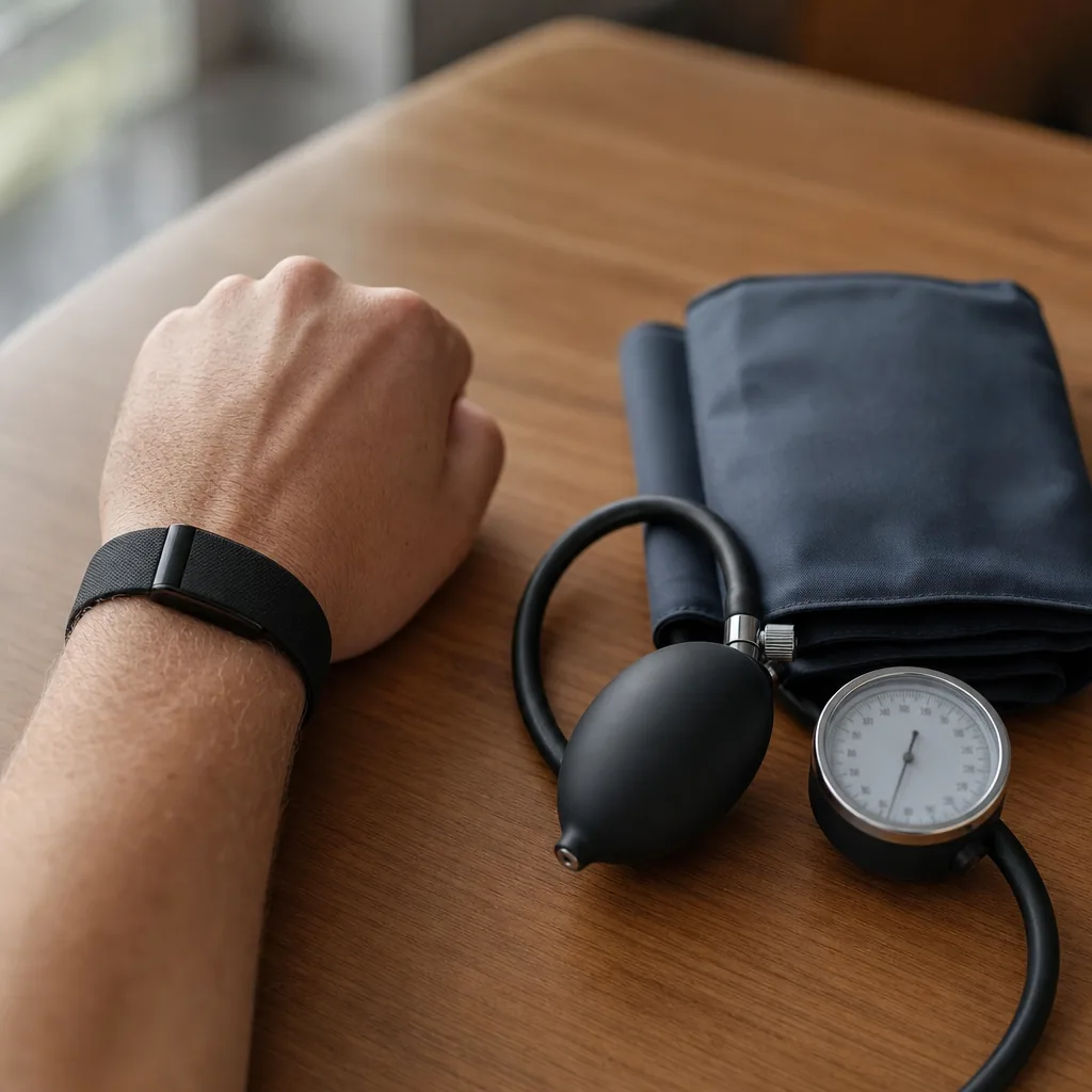 A fitness wearable on a wrist displaying a health monitoring dashboard