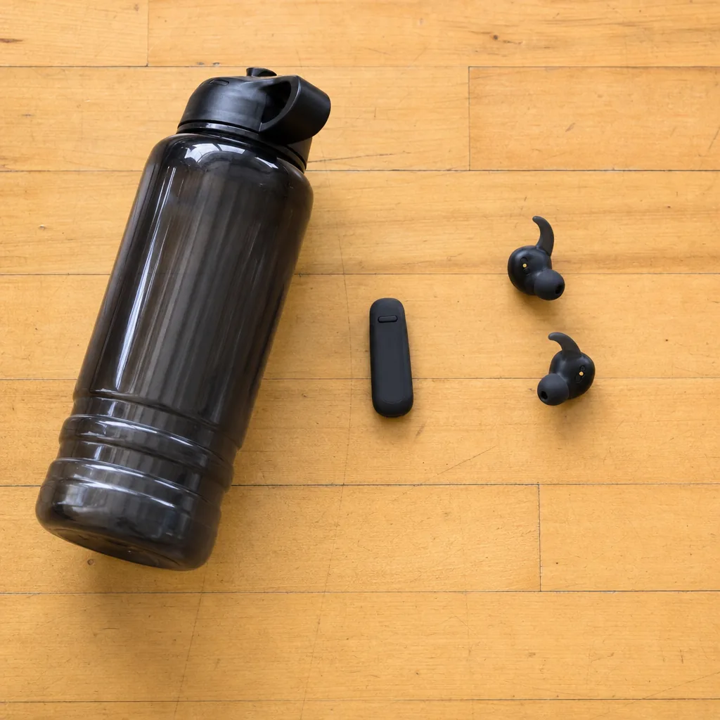 Slim fitness tracker with colour display resting beside running shoes and a water bottle