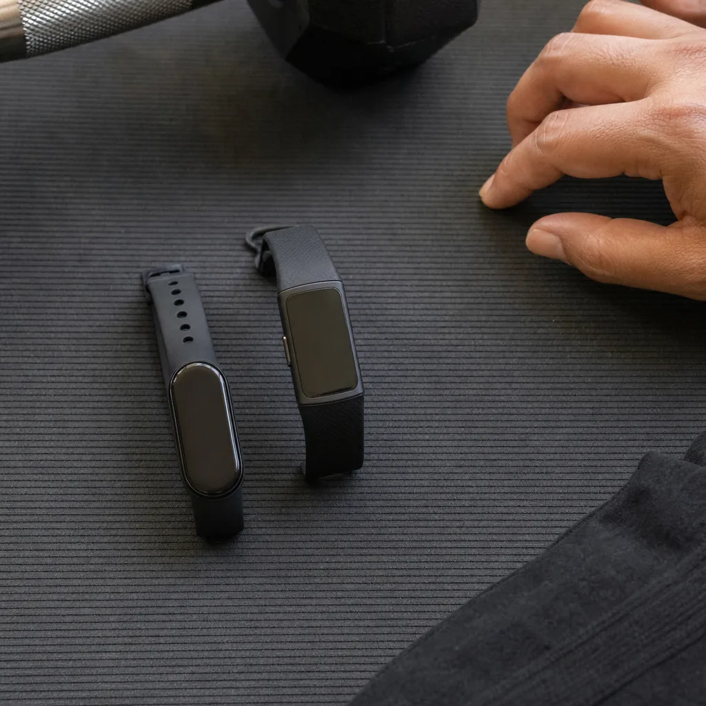A slim oval fitness tracker with a colour AMOLED display on a wooden surface