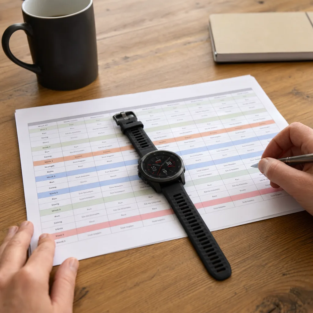 Garmin GPS watch beside a smartphone showing a structured training plan calendar