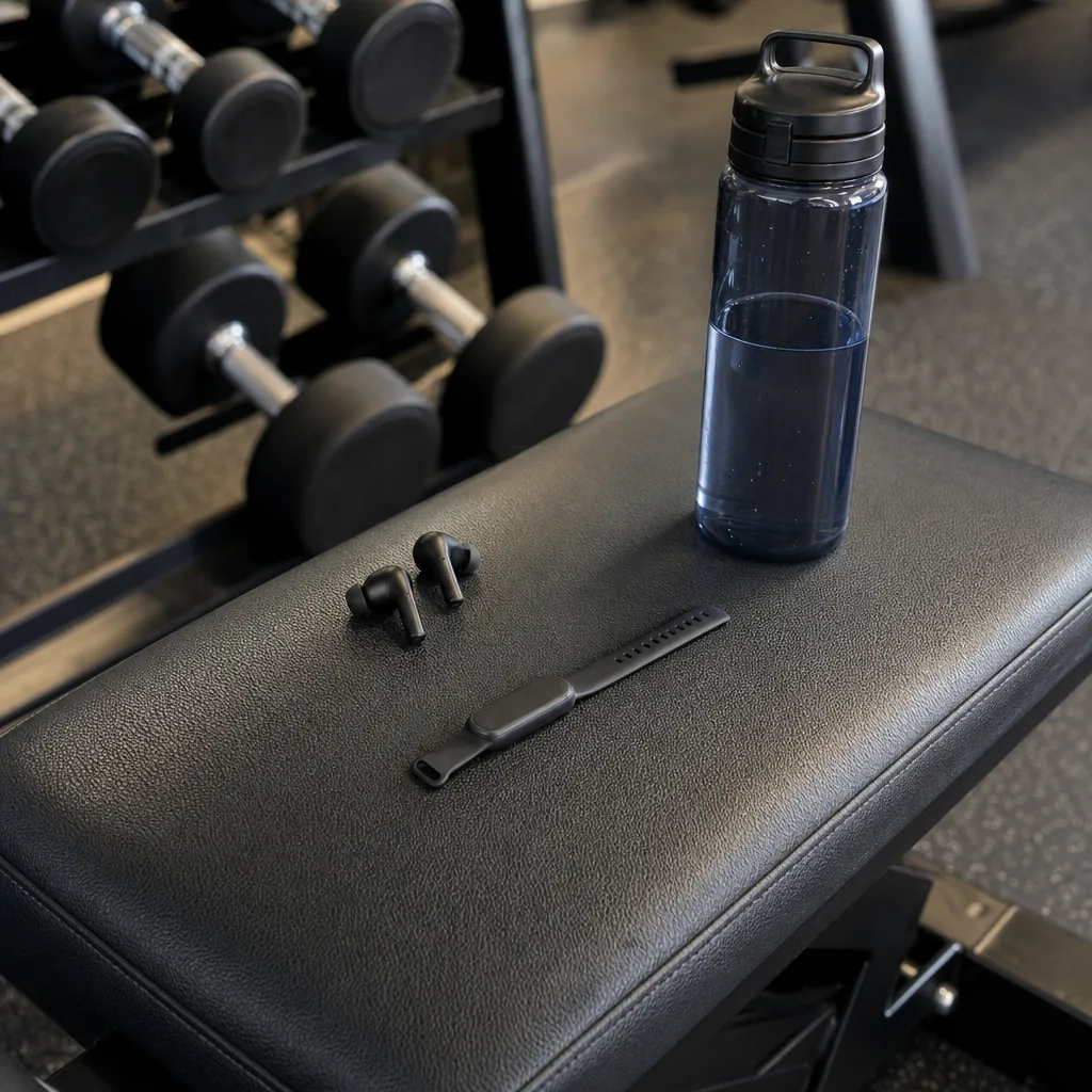 Screen-free fitness smart band on a wooden surface beside a water bottle and gym towel