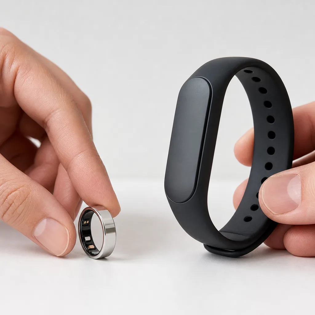A smart ring and fitness band on a frosted glass surface