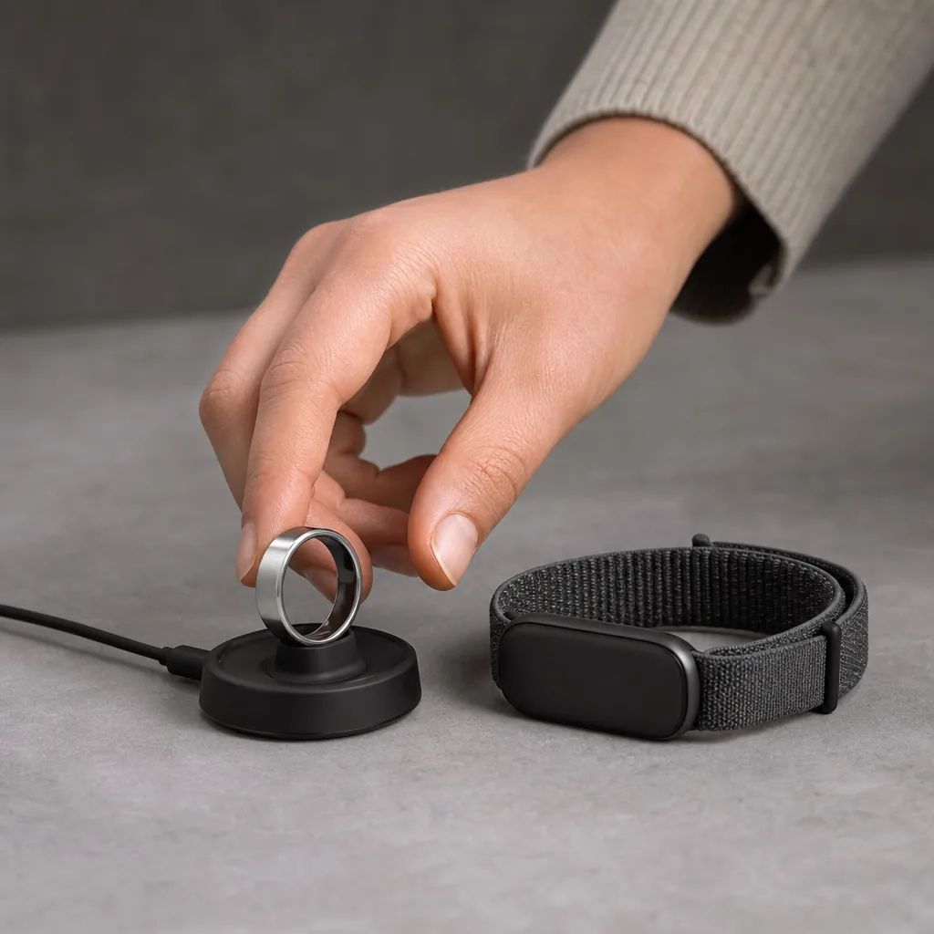 A slim smart ring alongside a sports smartwatch on a wooden surface