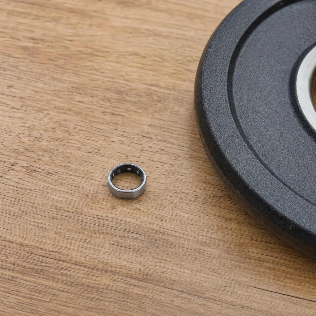 A slim smart ring beside a sports watch on a wooden surface