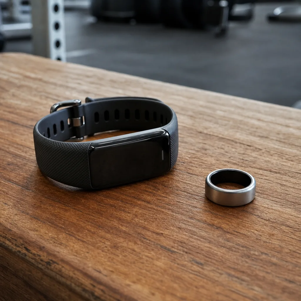A smart ring and fitness band on a wooden surface