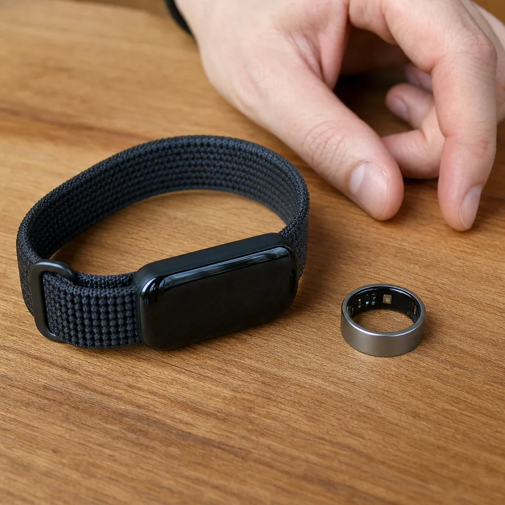 A smart ring and fitness band placed side by side on a wooden surface