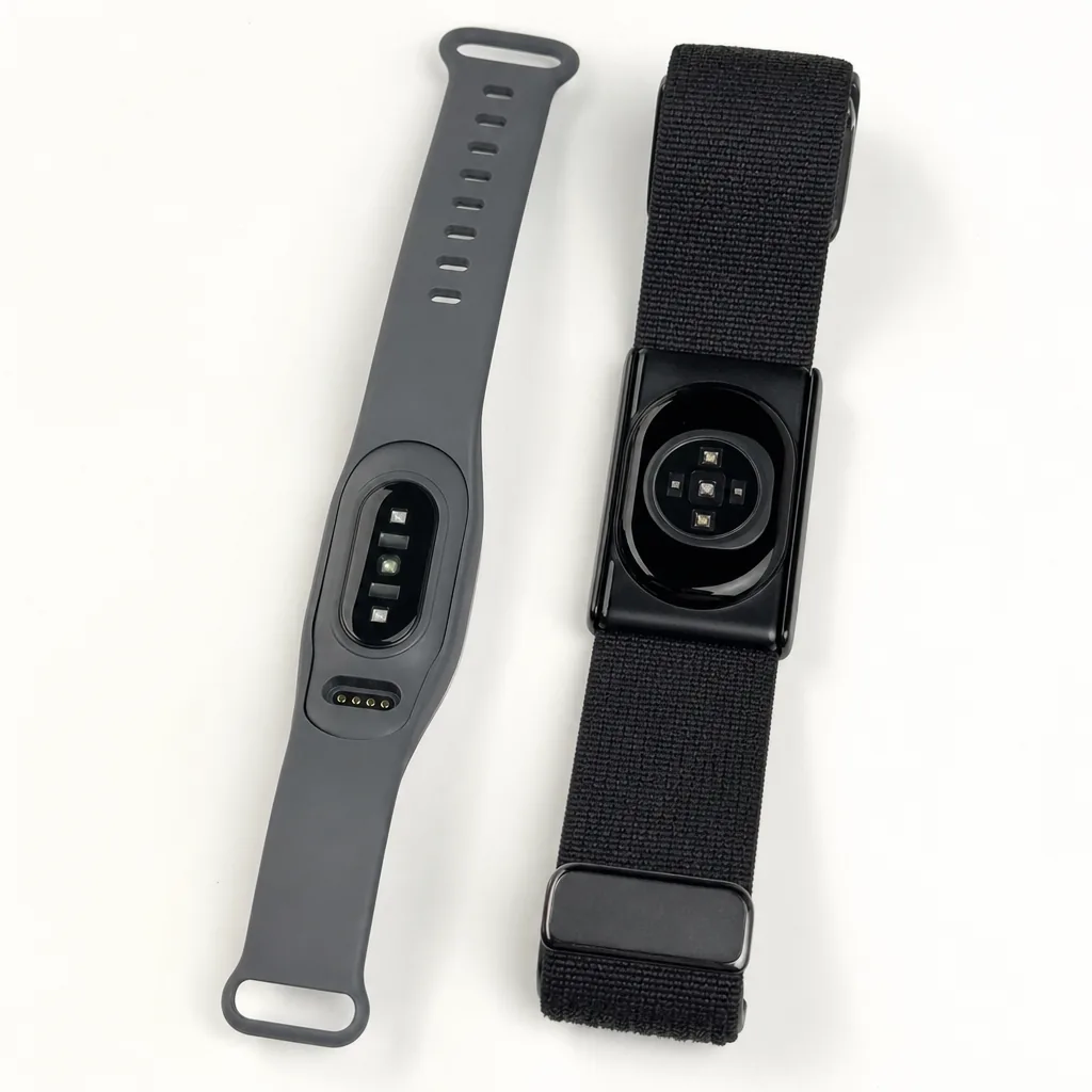 Screen-free smart fitness band on a concrete surface beside a smartphone showing health data