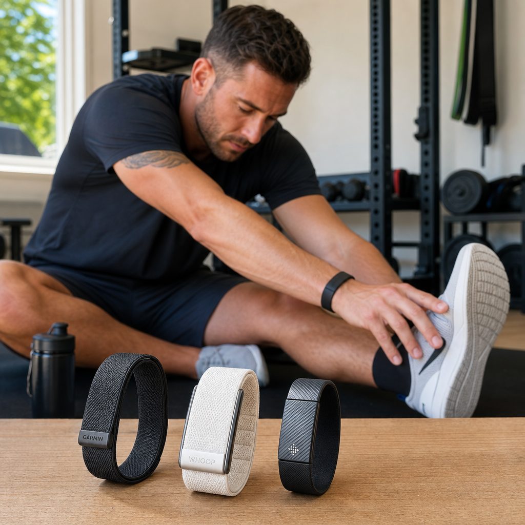 The absence of a display is the point here: each band shifts attention away from the wrist and back towards the training session, sleep or ordinary day.