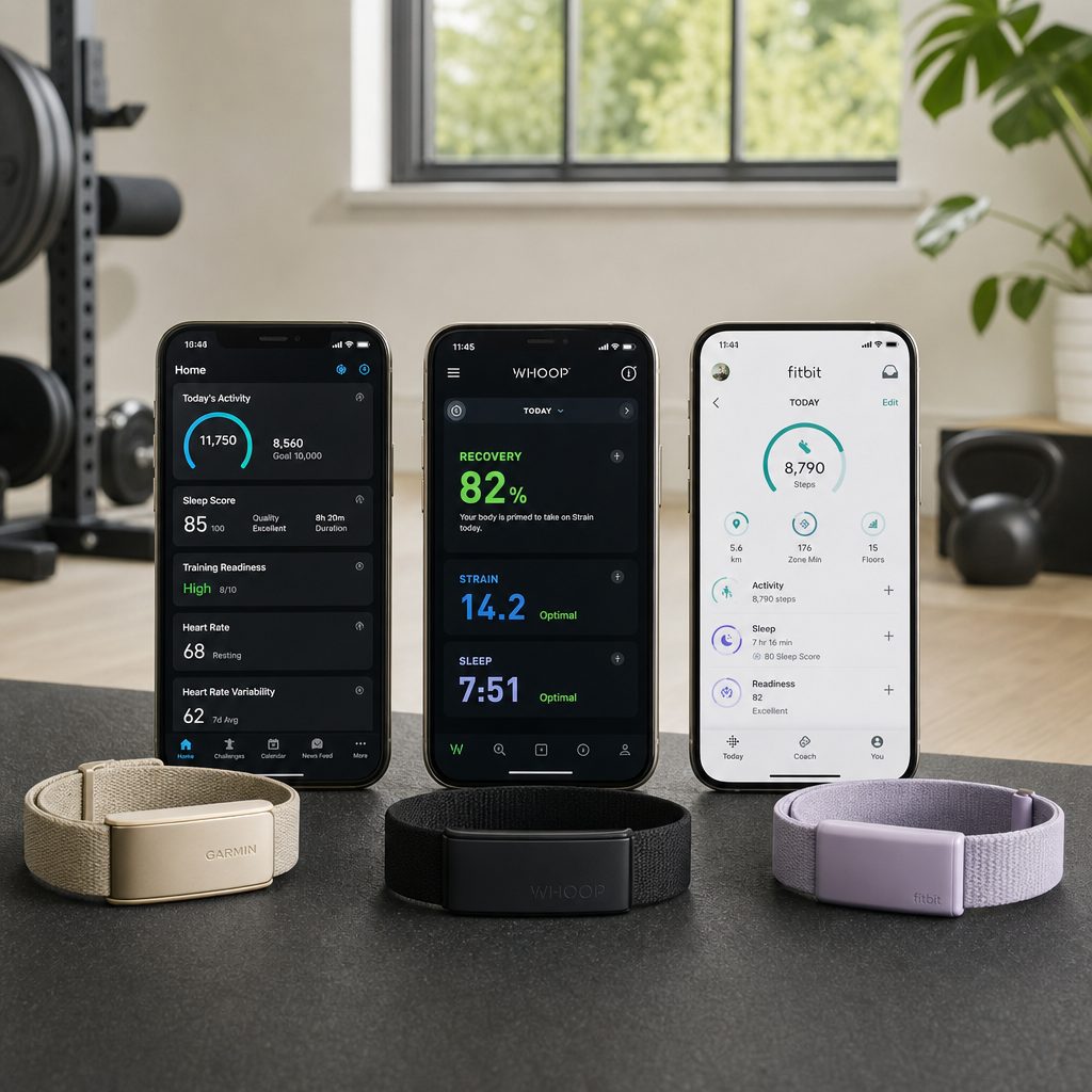 With no display to consult, the companion app becomes the dashboard. Garmin leans into Garmin Connect, WHOOP into membership-led interpretation, and Fitbit Air into cross-platform accessibility.