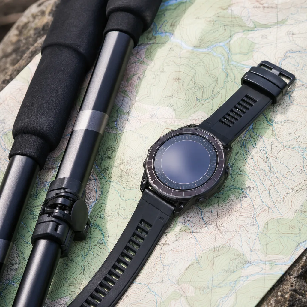 Rugged titanium GPS sports watch on a rocky mountain trail