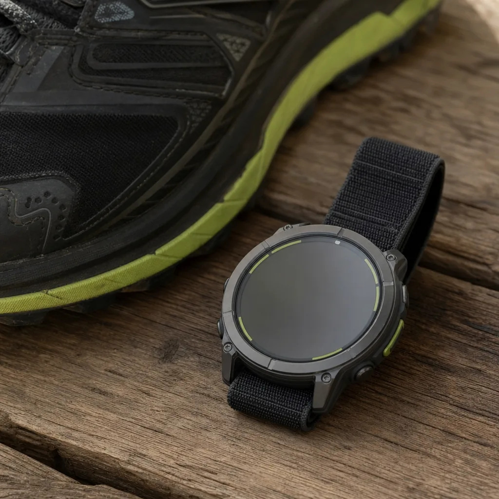 Rugged GPS smartwatch with titanium bezel and fabric strap on a rocky trail