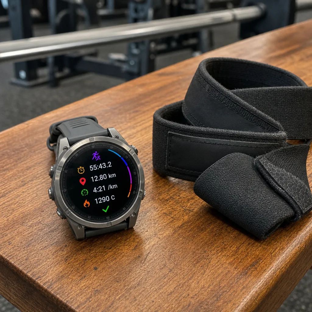 Rugged titanium multisport GPS smartwatch on a granite rock in mountainous terrain