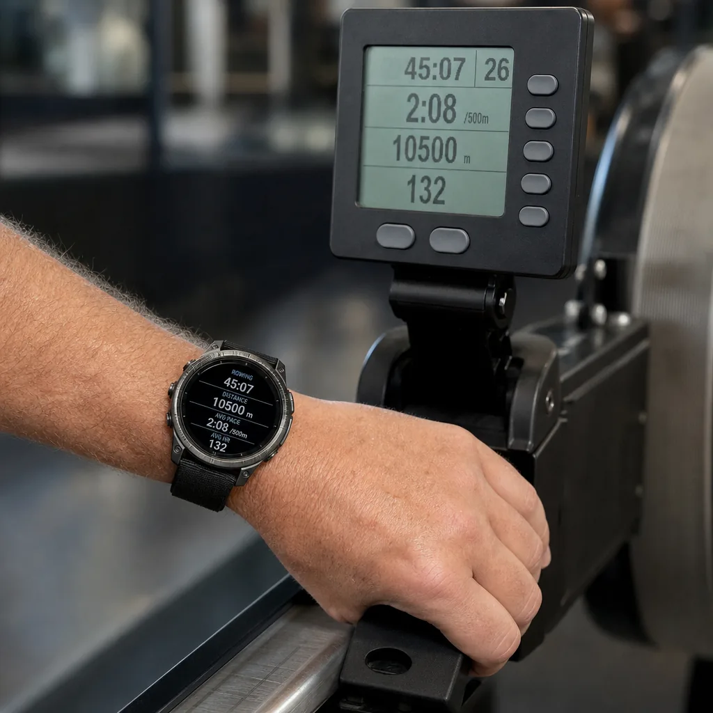 Garmin multisport smartwatch resting on the handle of a Concept2 rowing machine