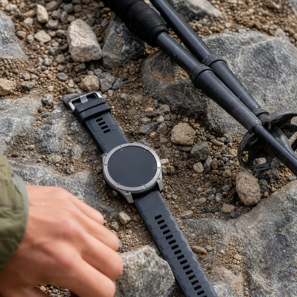 Rugged GPS multisport smartwatch on a rocky mountain summit with alpine landscape behind