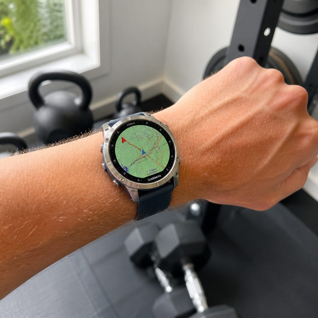 The 1.3-inch AMOLED panel is bright enough for outdoor route checks, while the smaller case keeps the screen close to the wrist rather than perched above it.