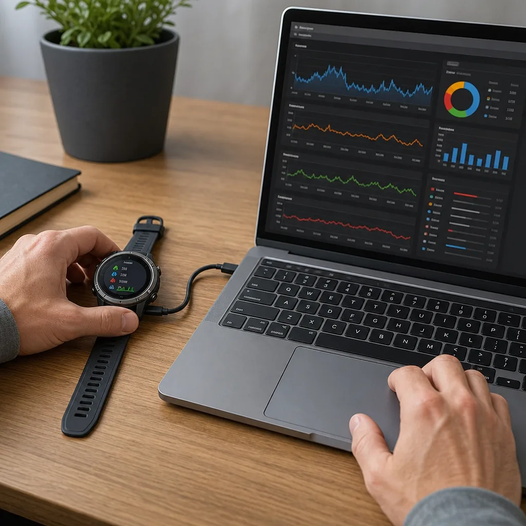 Garmin GPS running watch next to a laptop displaying training analytics charts