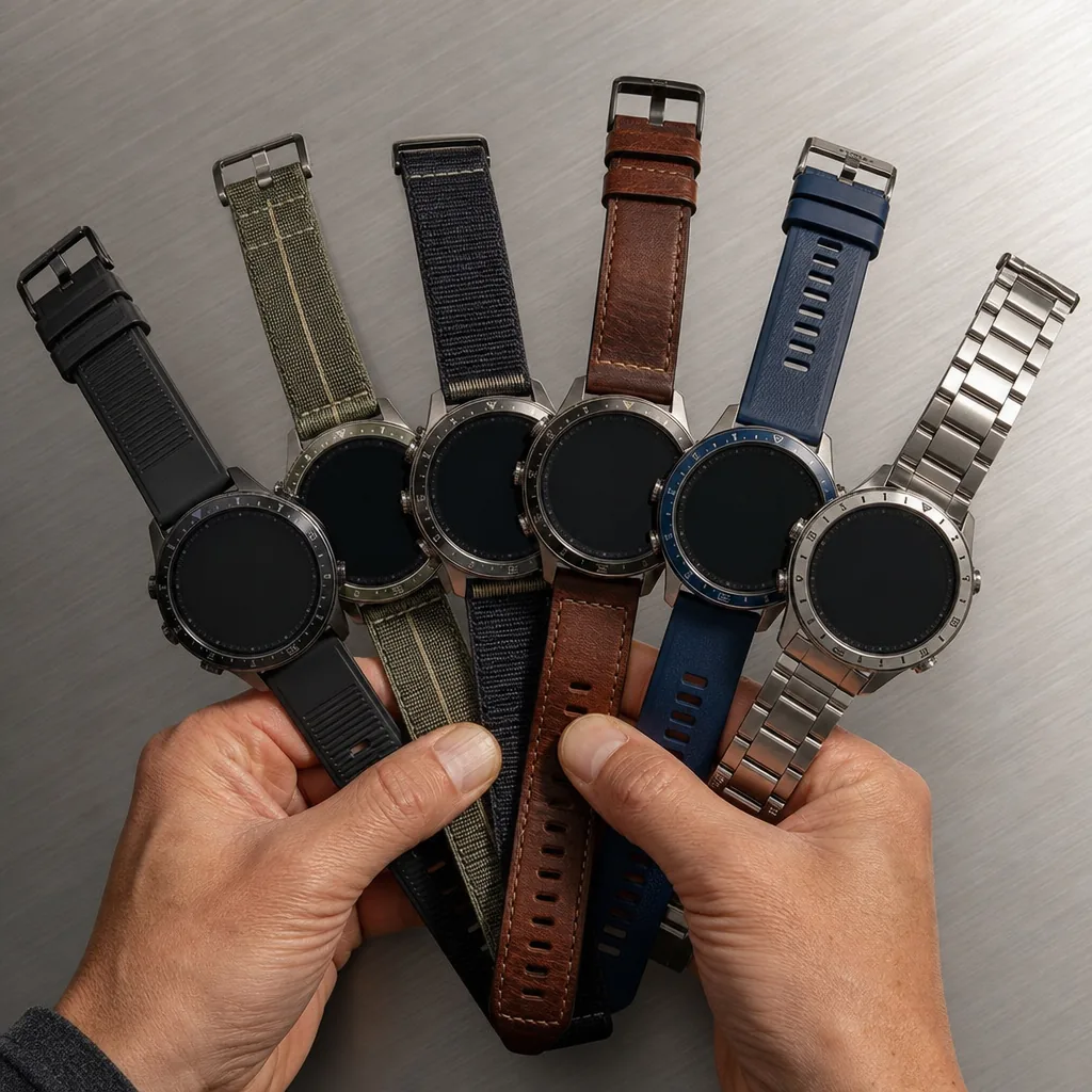Luxury titanium smartwatch with AMOLED display on a dark slate surface