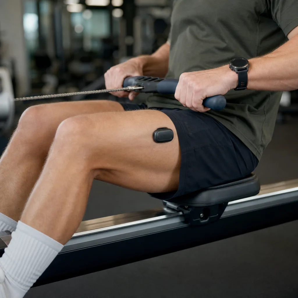 Wearable muscle oxygen sensor attached to an athlete's thigh during indoor training