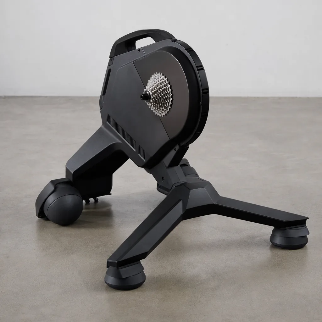 Garmin Tacx Nēra smart trainer with road bike mounted, viewed from the front at a low angle