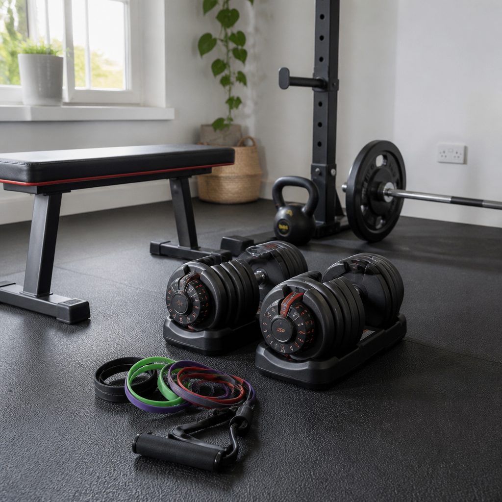 Kettlebells and barbells can be excellent upgrades, but the compact dumbbell-and-band route remains the friendliest place to begin.