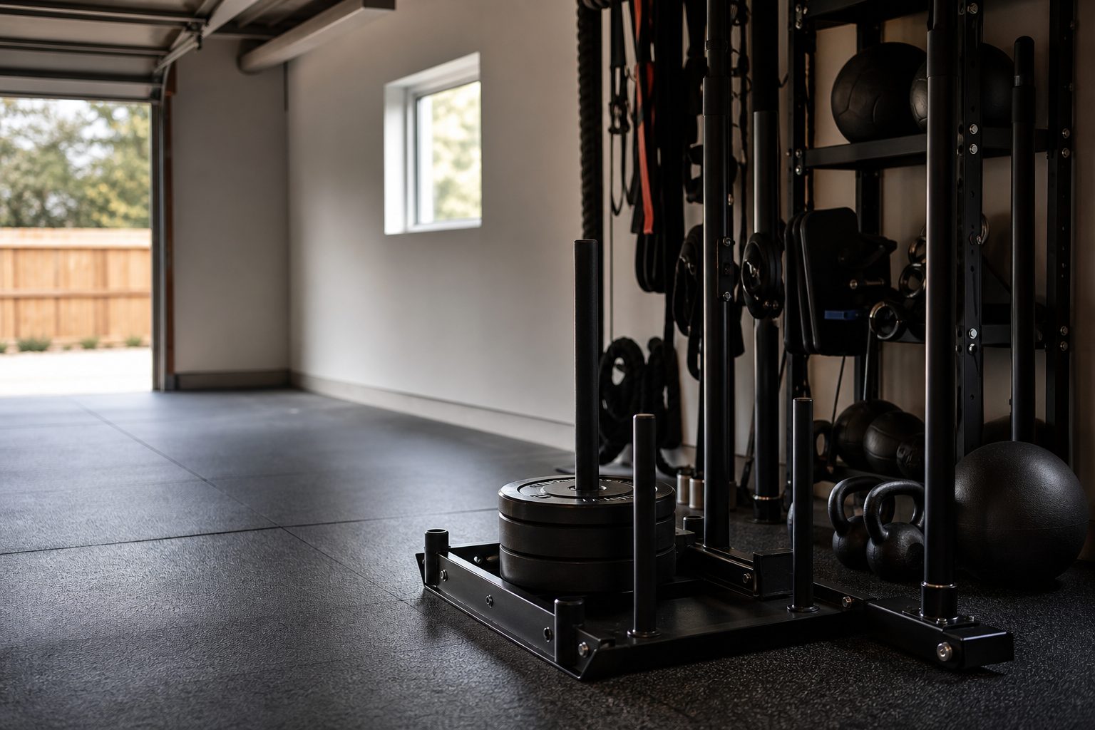 A compact garage HYROX training zone works best when the open lane stays clear and every bulky item has a deliberate parking place.