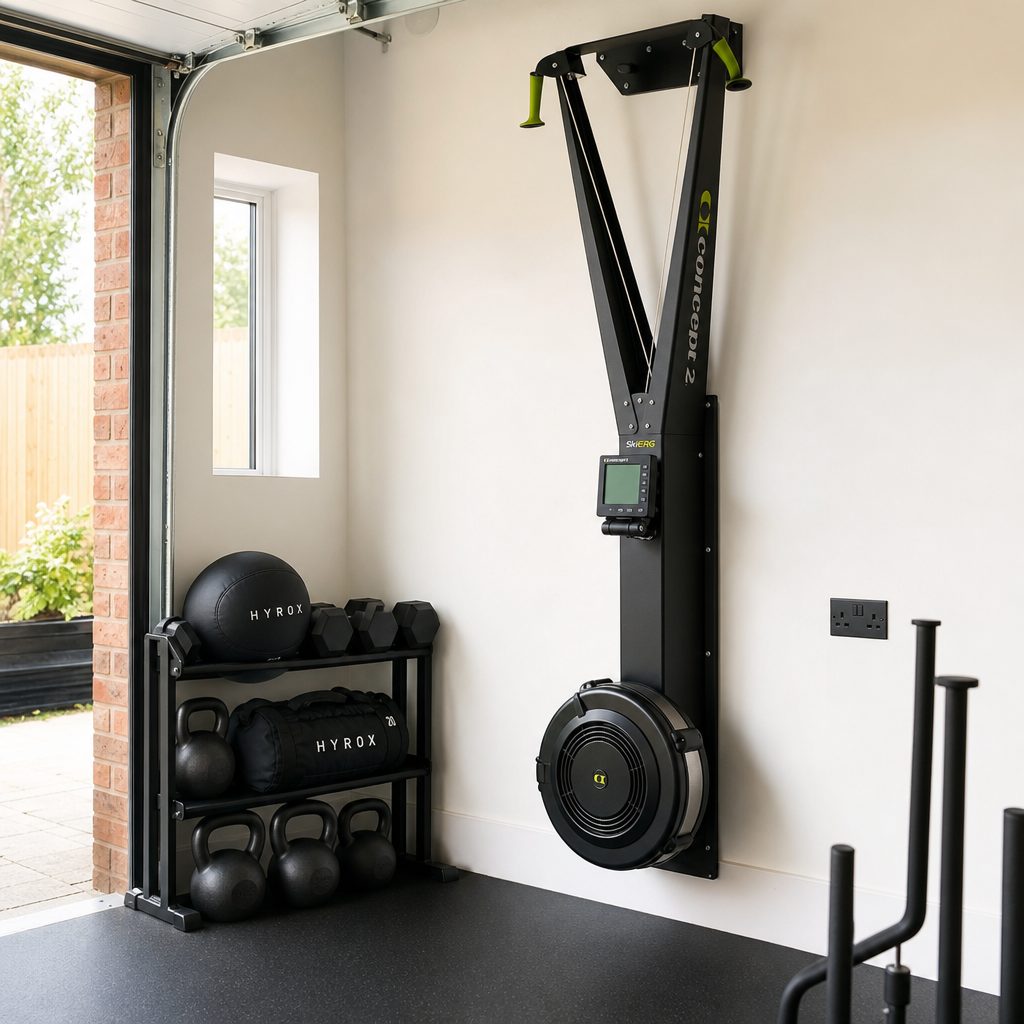 A wall-mounted Concept2 SkiErg uses height rather than precious floor area, making it especially attractive for a garage lane layout.