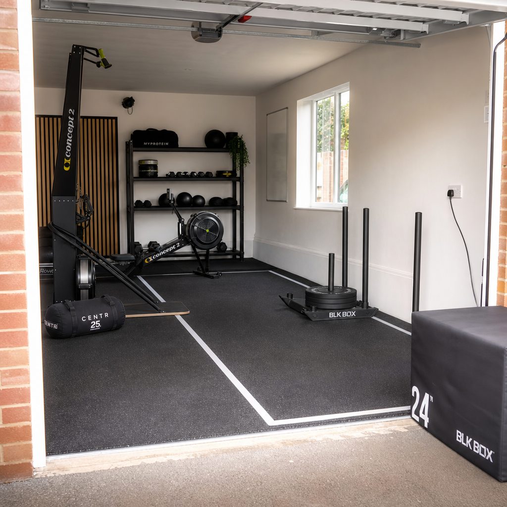 Before buying equipment, mark out the clear training lane with tape so you can see exactly what the garage will comfortably support.