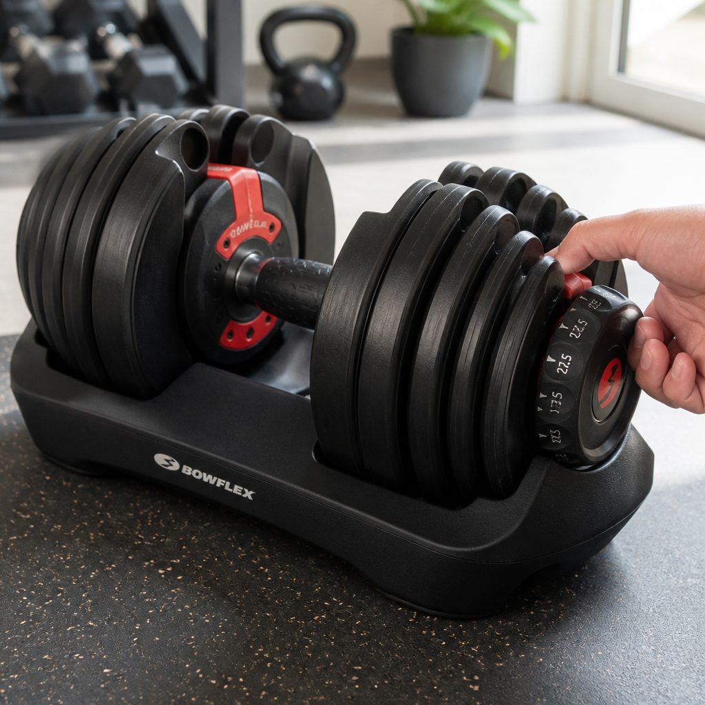 An adjustable dumbbell's cradle and selector mechanism deserve a closer look before purchase; they are the parts responsible for keeping unselected plates behind.
